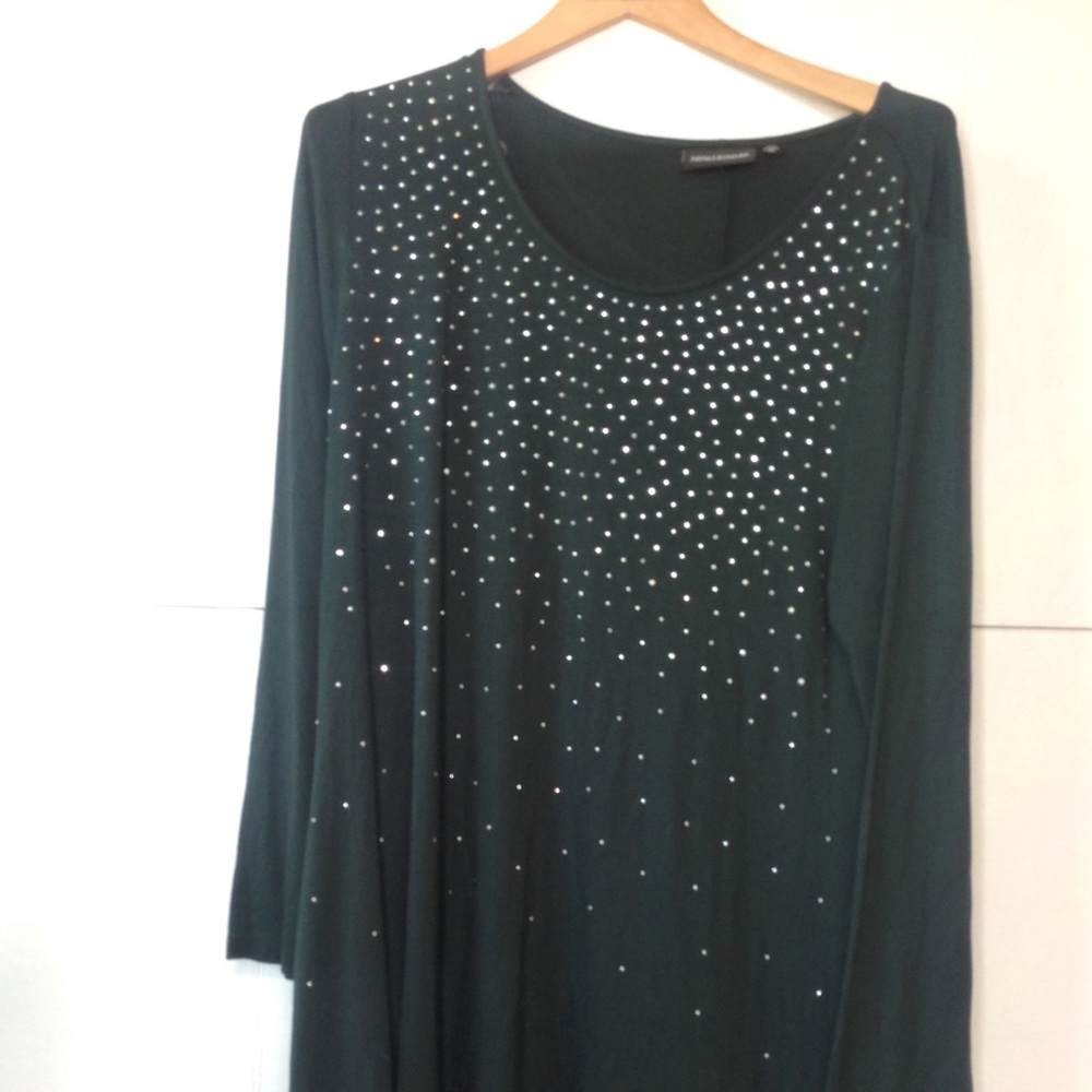 Nina Leonard Green Swing Dress Silver Beaded Stud